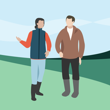 Illustration med en man och en kvinna som står och pratar på ett grönt fält.