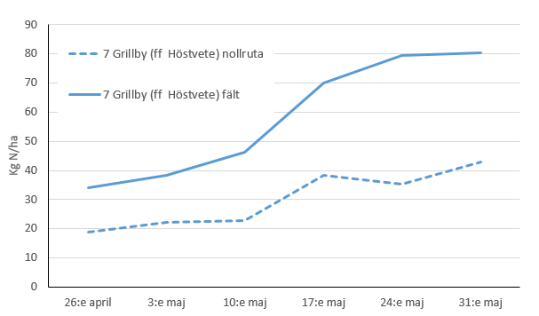 Diagram som visar kväveupptaget i nollrutor och i fält i Grillby