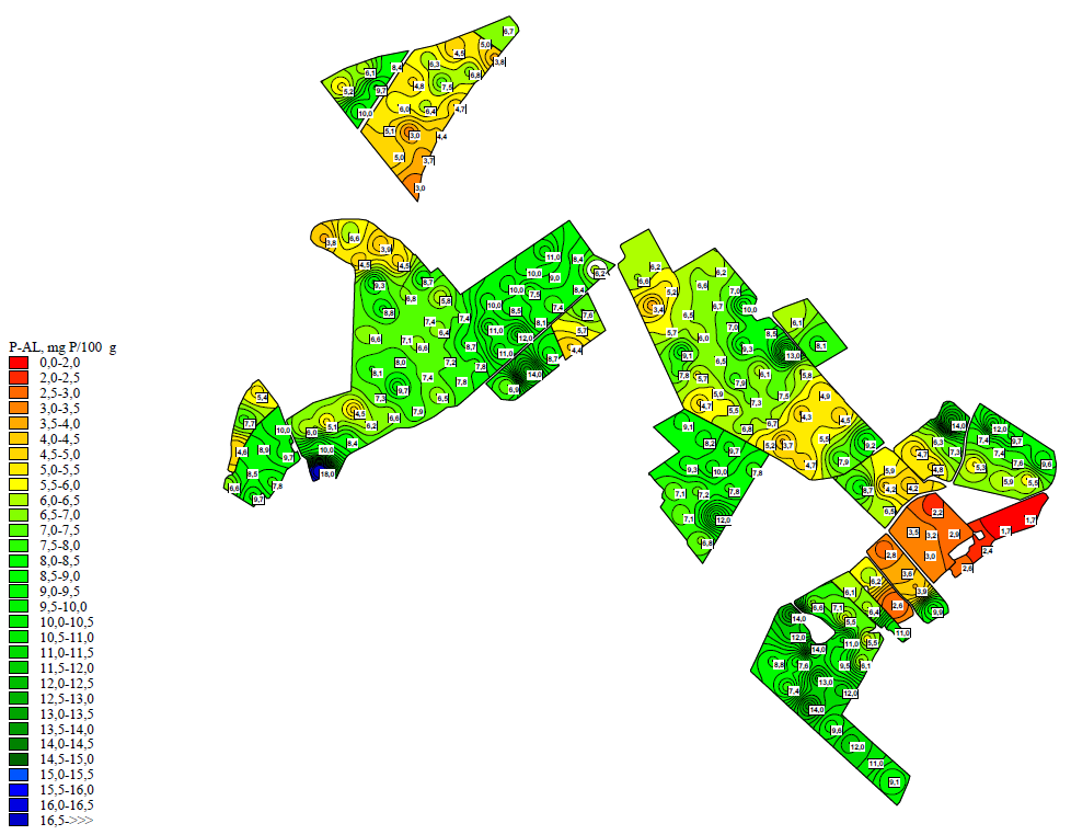 En karta som visar resultatet av fosforhalten på ett fält efter en markkartering.