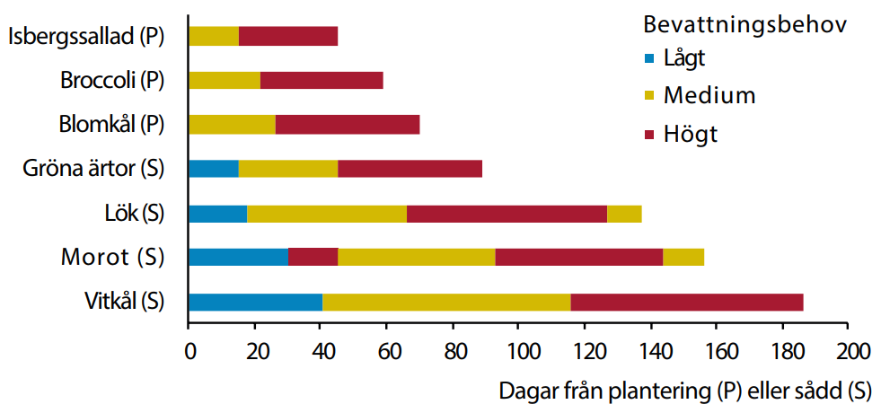 Diagram om att bevattningsbehovet varierar i olika grödor vid olika utvecklingsstadier