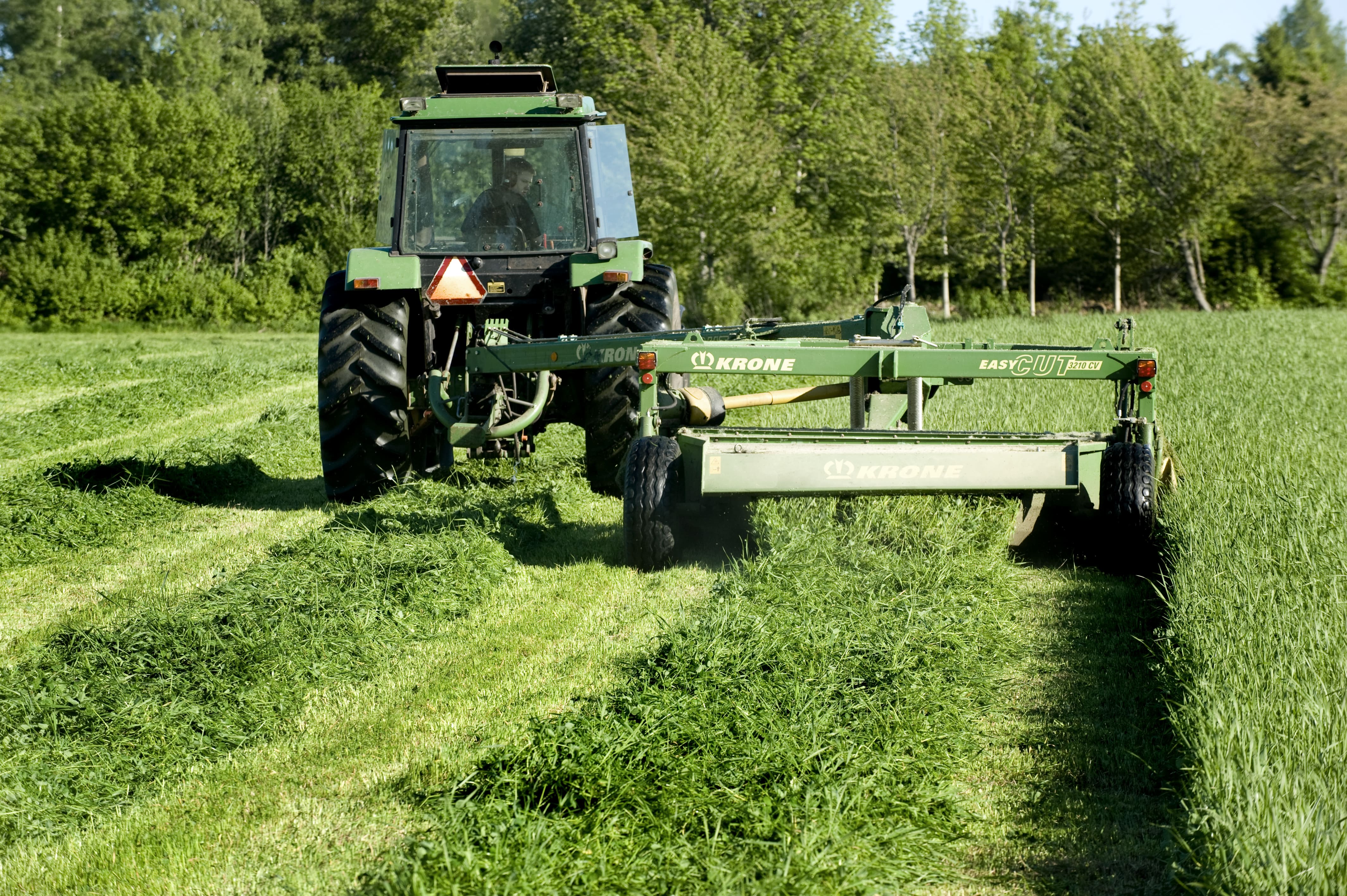 Traktor och slåtterkross som slår gräs