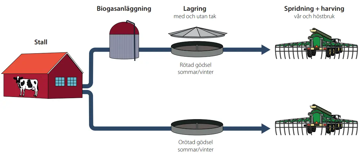 Illustration av olika lagringsmetoder för stallgödsel