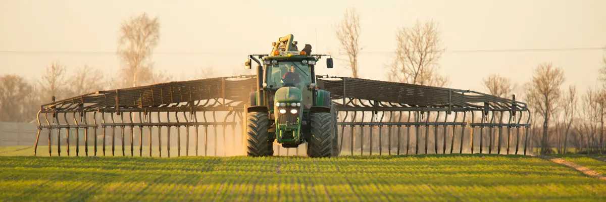 Traktor och flytgödseltunna med släpslangar sprider flytgödsel i växande gröda på våren