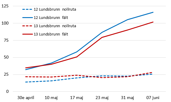 Diagram som visar kväveupptaget i nollrutor och i fält i Lundsbrunn