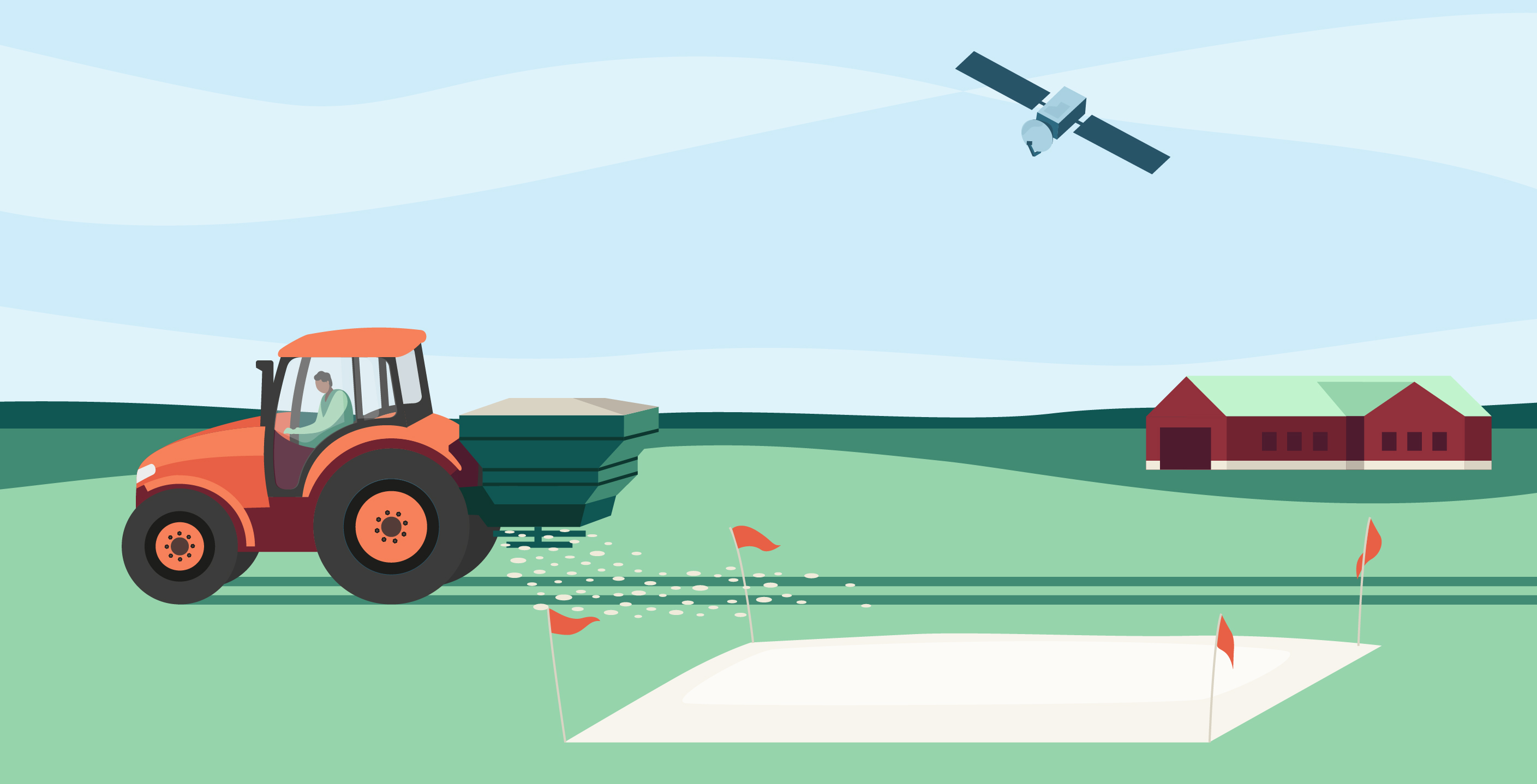 Illustration av ett fält med en nollruta och en traktor som sprider handelsgödsel.