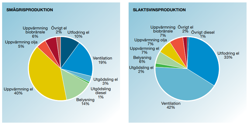 Cirkeldiagram över energianvändning i smågris- respektive slaktgrisproduktion