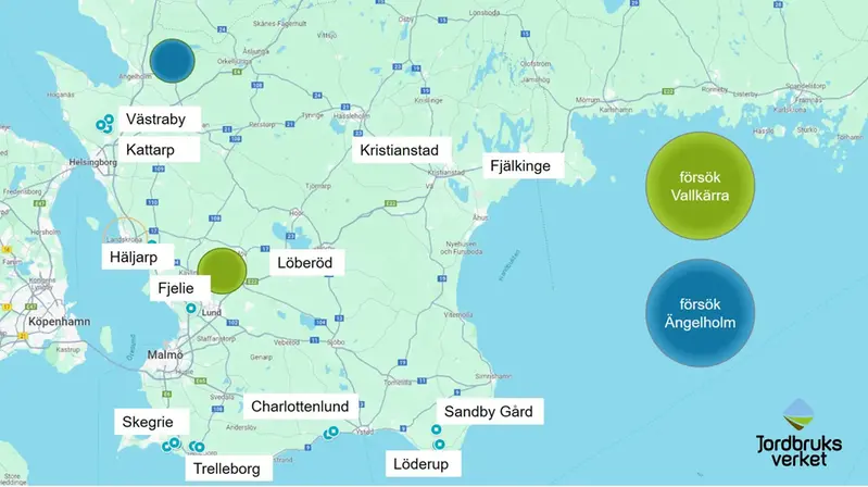 Bild2. Mätplatser syd 2025. Illustration av Johanna Lassvik på karta från Google maps.